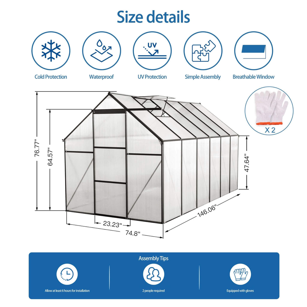 [06X12FT] Heavy Duty Black Polycarbonate Greenhouse With Raised Base And Anchor (SAK92451) - Saksby Wholesale - Size Details