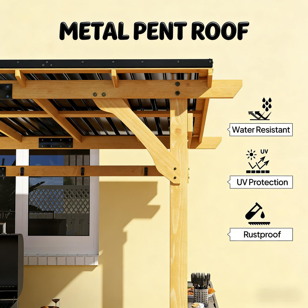 [06X13FT] Premium Outdoor Hardtop Wooden BBQ Grill Gazebo (SAK97420) - Saksby Wholesale - Mental Pent Roof