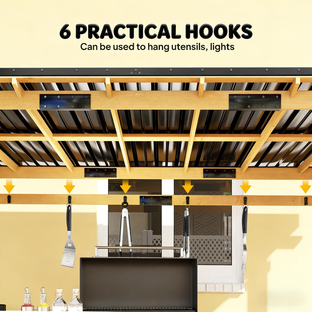 [06X13FT] Premium Outdoor Hardtop Wooden BBQ Grill Gazebo (SAK97420) - Saksby Wholesale - Practical Hooks