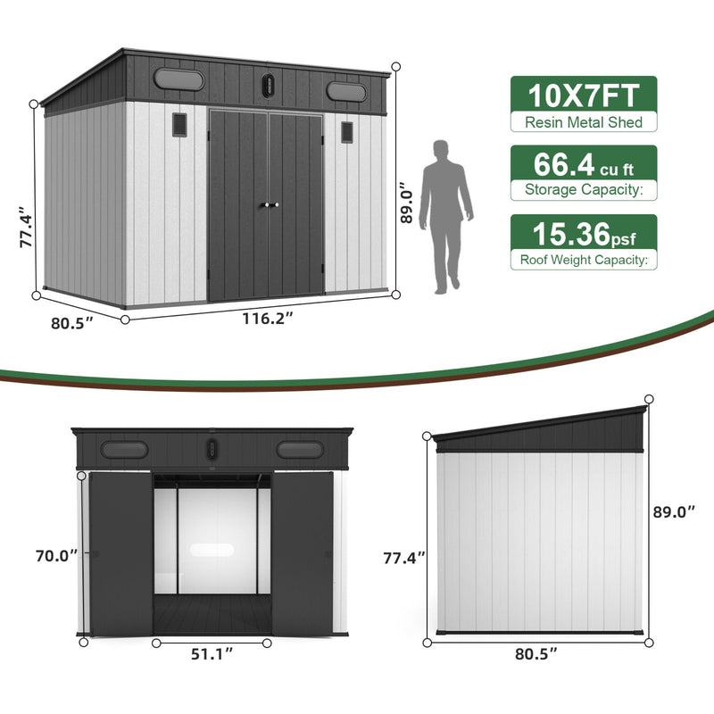 [07X10FT] Heavy Duty Weather-Resistant Polypropylene Storage Shed With Floor And Reinforced Steel Frame (SAK67455) - Saksby Wholesale - Dimensions