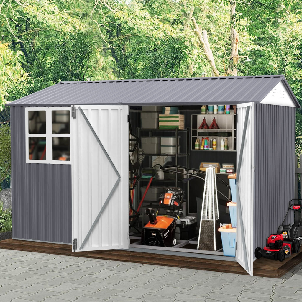 [08X10FT] Outdoor Garden Tool Shed With Thickened Galvanized Steel, Sloped Roof, Vents And Double Lockable Doors (SAK66582) - Saksby Wholesale - Open Doors With Stuff