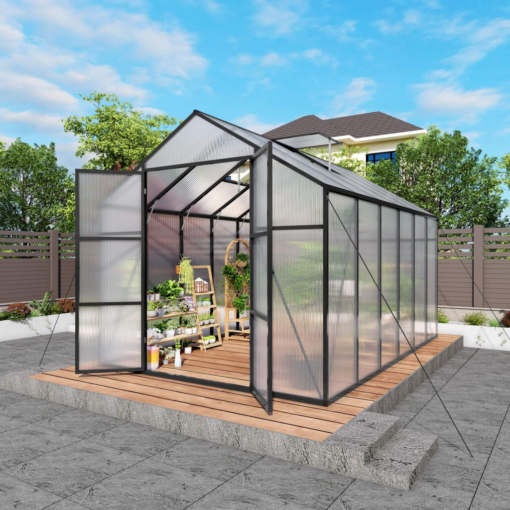 [08X12FT] All Season Outdoor Backyard Polycarbonate Greenhouse With Raised Base And Aluminum Frame (SAK78614) - Saksby Wholesale - Open Door View
