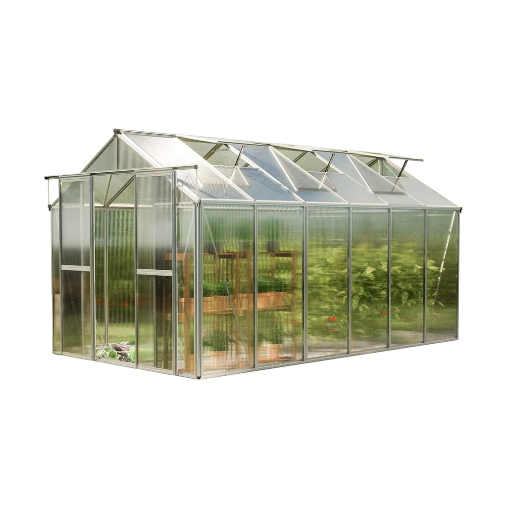 [08X12FT] Heavy-Duty Polycarbonate Outdoor Greenhouse With Aluminum Frame And Sliding Doors (SAK90426) - Saksby Wholesale - Front Left View