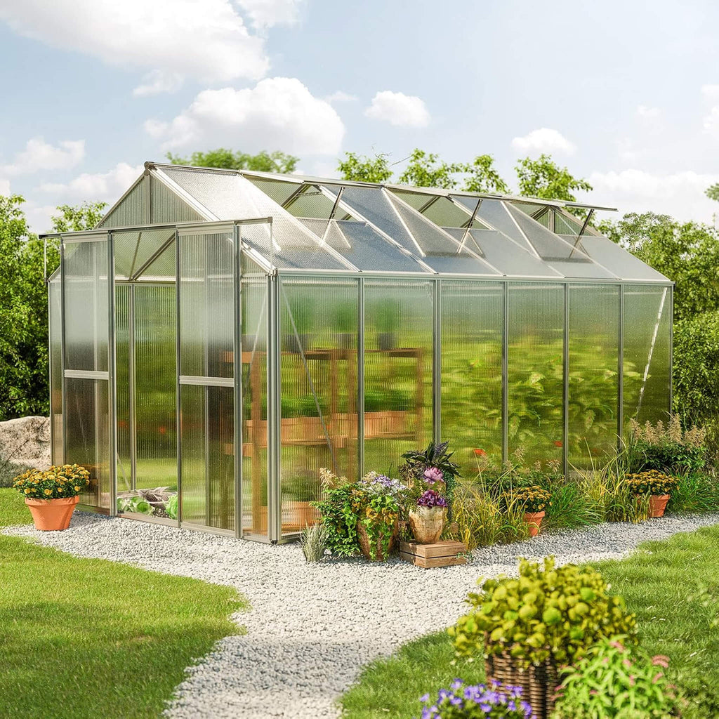 [08X12FT] Heavy-Duty Polycarbonate Outdoor Greenhouse With Aluminum Frame And Sliding Doors (SAK90426) - Saksby Wholesale - Lifestyle Front Left View In Garden
