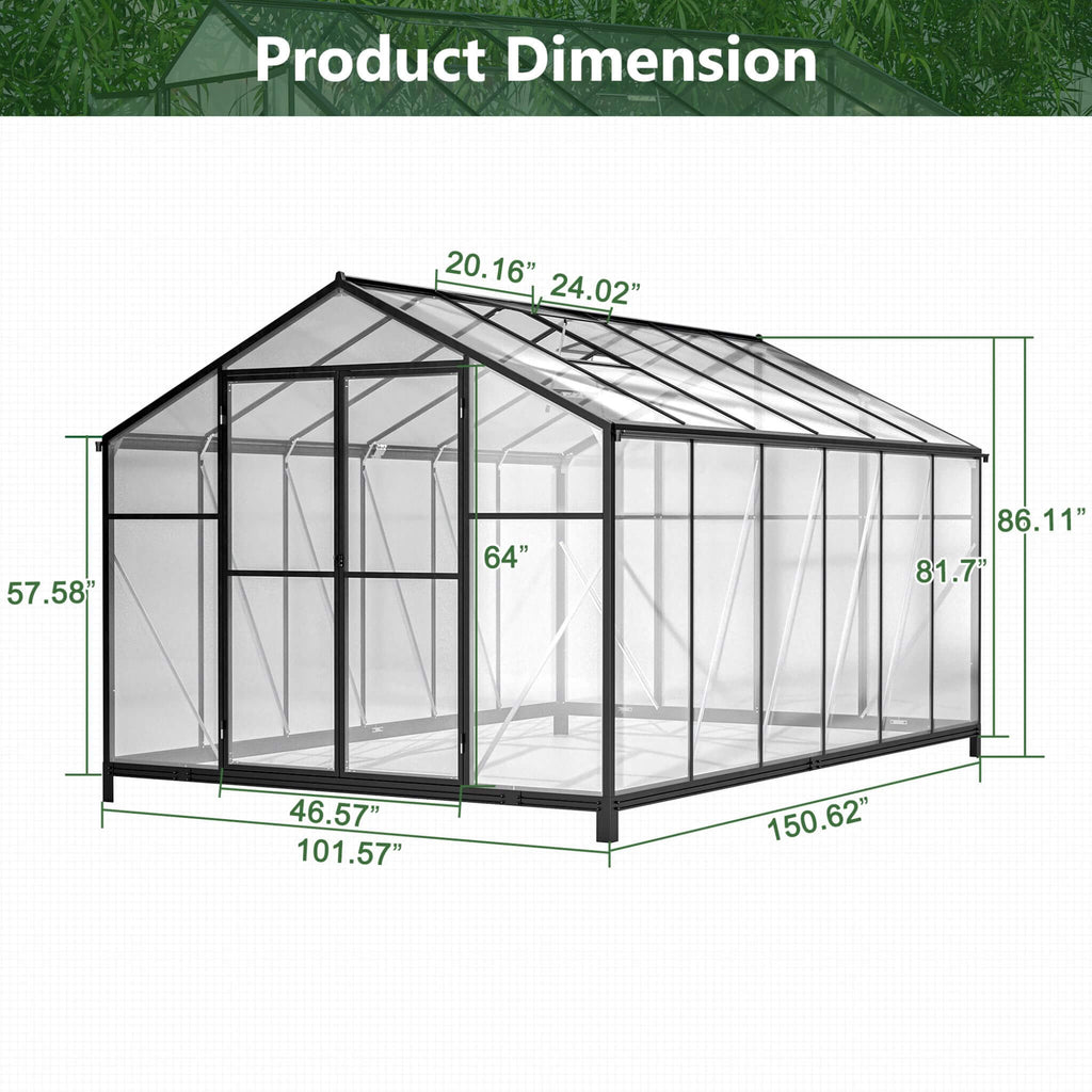 [08X12FT] Large Outdoor Heavy Duty Polycarbonate Walk-In Greenhouse With Double Swing Doors And Two Ventilation Windows (SAK73651) - Saksby Wholesale - Dimensions