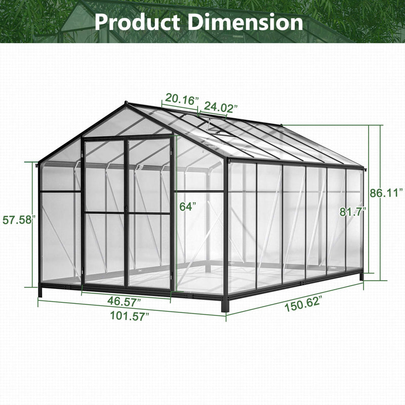[08X12FT] Large Outdoor Heavy Duty Polycarbonate Walk-In Greenhouse With Double Swing Doors And Two Ventilation Windows (SAK73651) - Saksby Wholesale - Dimensions