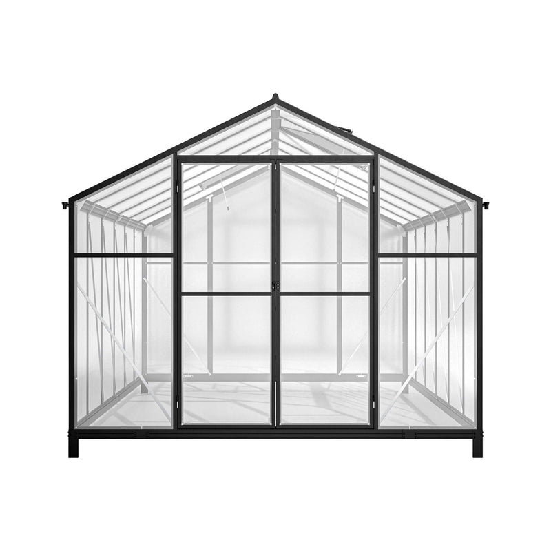 [08X12FT] Large Outdoor Heavy Duty Polycarbonate Walk-In Greenhouse With Double Swing Doors And Two Ventilation Windows (SAK73651) - Saksby Wholesale - Front View White Background
