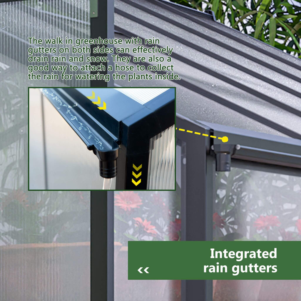 [08X12FT] Large Outdoor Heavy Duty Polycarbonate Walk-In Greenhouse With Double Swing Doors And Two Ventilation Windows (SAK73651) - Saksby Wholesale - Gutters