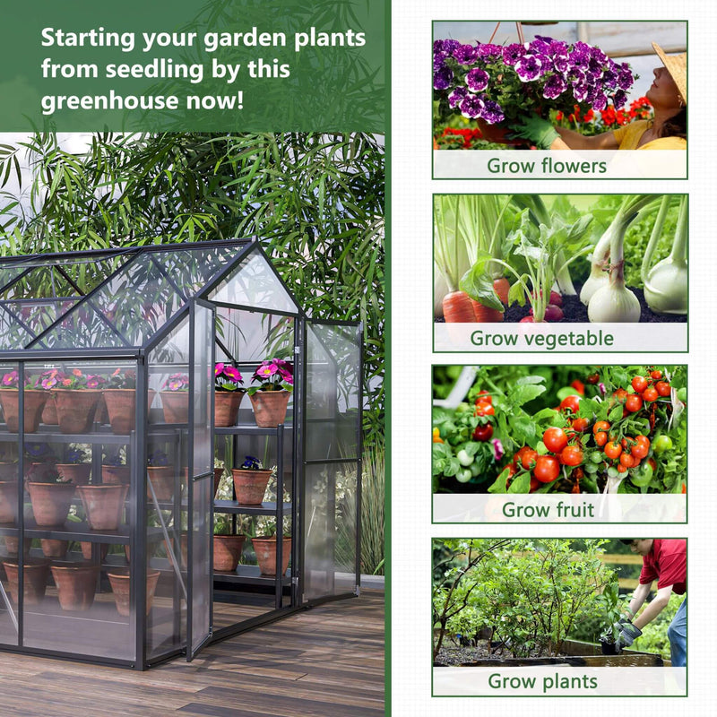 [08X12FT] Large Outdoor Heavy Duty Polycarbonate Walk-In Greenhouse With Double Swing Doors And Two Ventilation Windows (SAK73651) - Saksby Wholesale - Plants