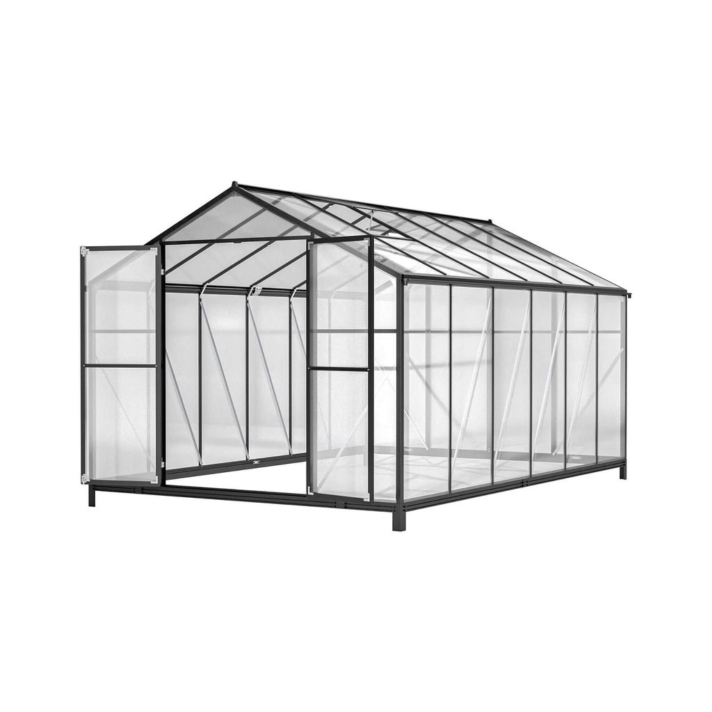 [08X12FT] Large Outdoor Heavy Duty Polycarbonate Walk-In Greenhouse With Double Swing Doors And Two Ventilation Windows (SAK73651) - Saksby Wholesale - Side View White Background