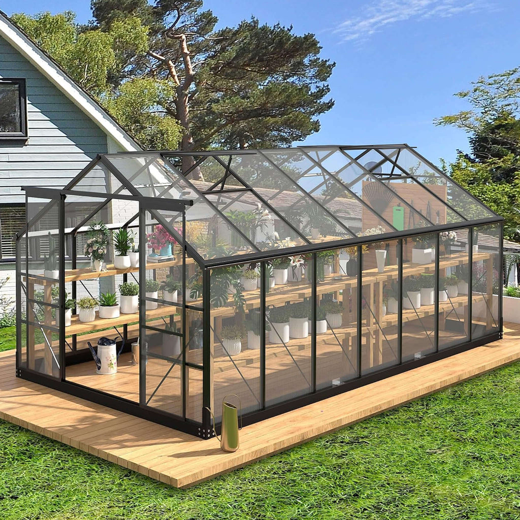 [08X16FT] Premium Outdoor Walk-In Polycarbonate Greenhouse With Roof Vents & Sliding Doors, 4MM (SAK72649) - Saksby Wholesale - Front Left View