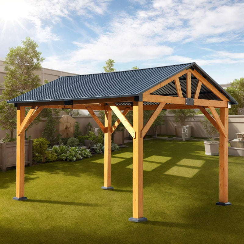 [09X11] Heavy Duty All-Weather Hard Top Wooden Carport Gazebo With Galvanized Steel Roof (SAK391875) - Saksby Wholesale - Outdoor Lifestyle