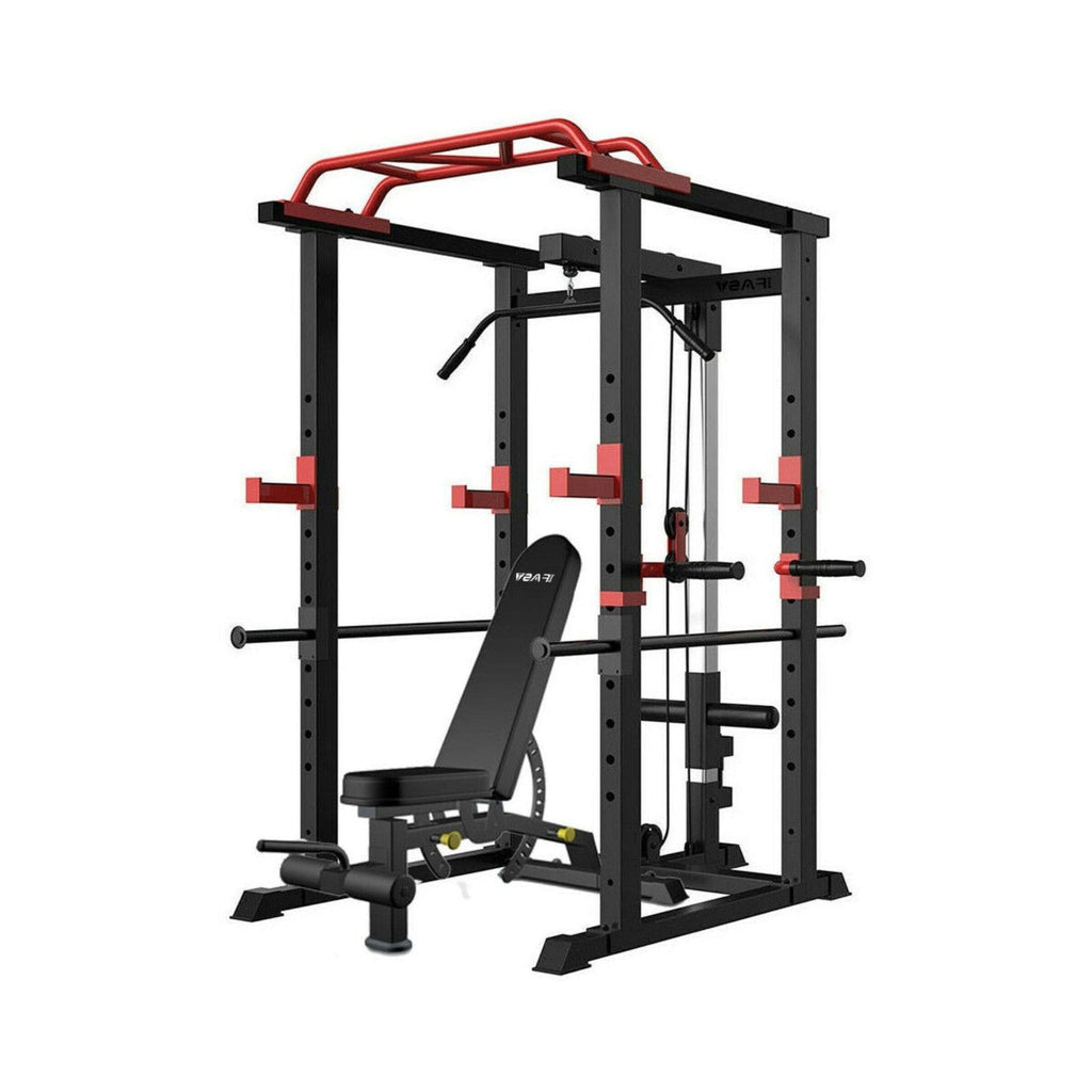 1000LBS Multi-Functional Barbell Rack Squat Power Cage With Weight Bench (SAK35822) - Saksby Wholesale - Side View White Background