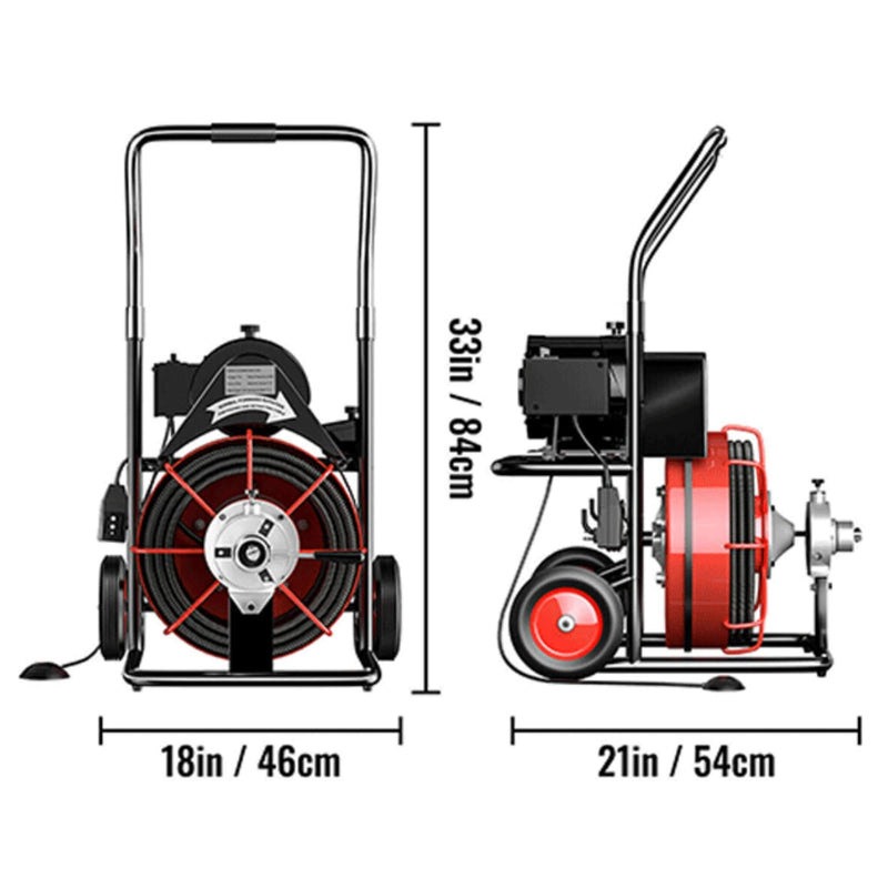 [100FT x 3/8"] Electric Sewer Drain Cleaner Snake Clog Machine W/ Cutter (SAK53785) - Saksby Wholesale - Dimension View