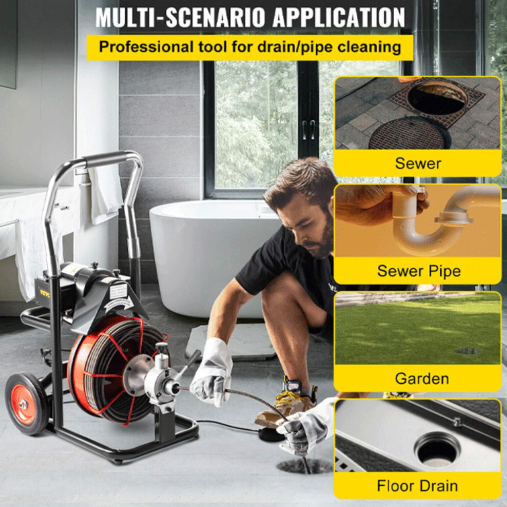 [100FT x 3/8"] Electric Sewer Drain Cleaner Snake Clog Machine W/ Cutter (SAK53785) - Saksby Wholesale - Multi Scenario Application