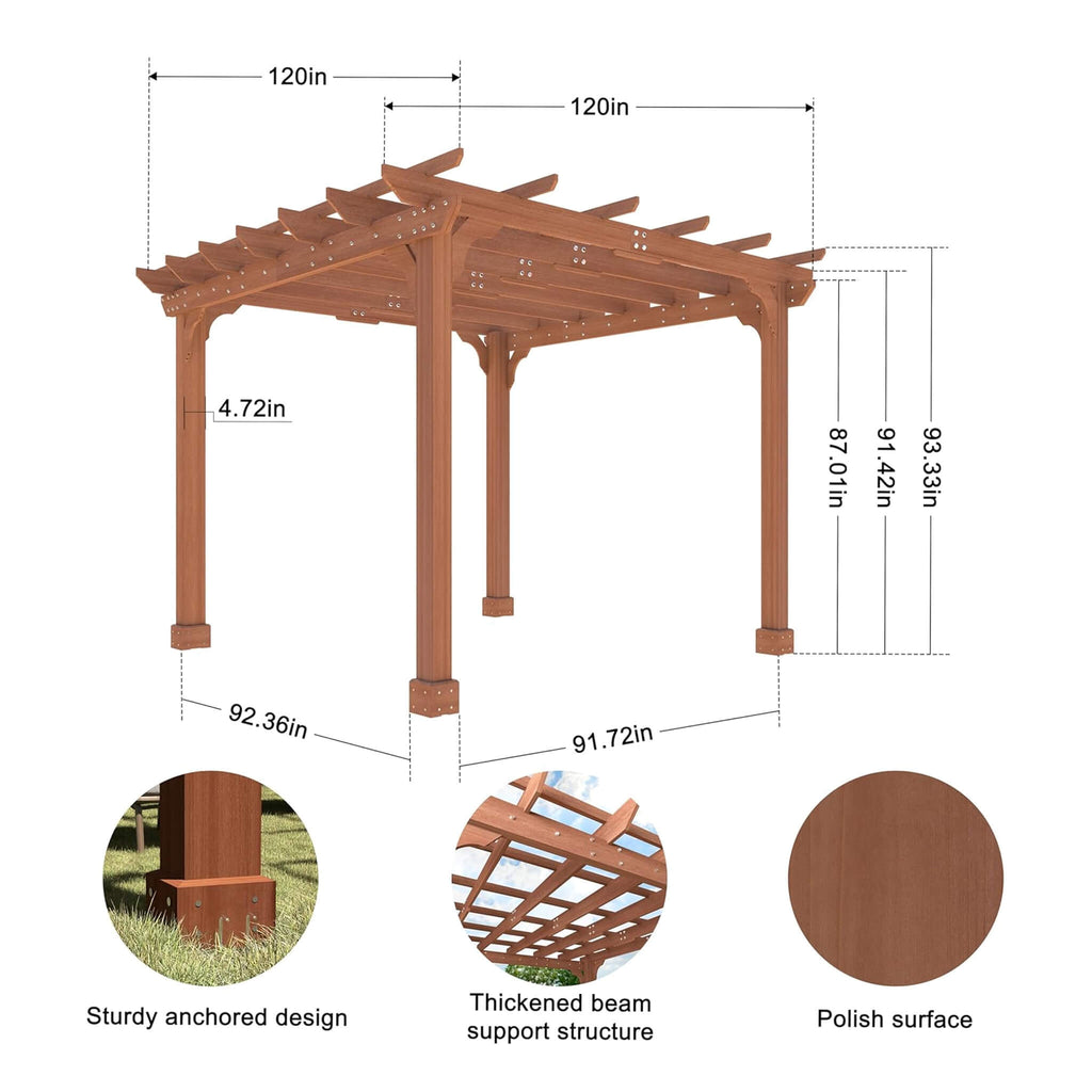 [10X10FT] Outdoor Cedar Wood Patio Pergola With Slatted Trellis Roof (SAK92150) - Saksby Wholesale - Dimensions