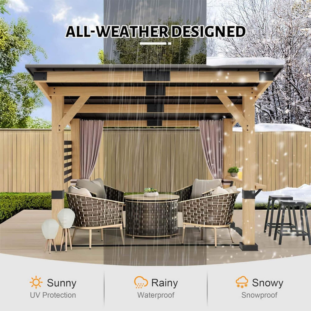 [10x12FT] Heavy Duty Premium Outdoor All-Season Wooden Cedar Hardtop Gazebo With Metal Roof & Back Curtains (SAK57184) SAKSBY - All Weather Design View