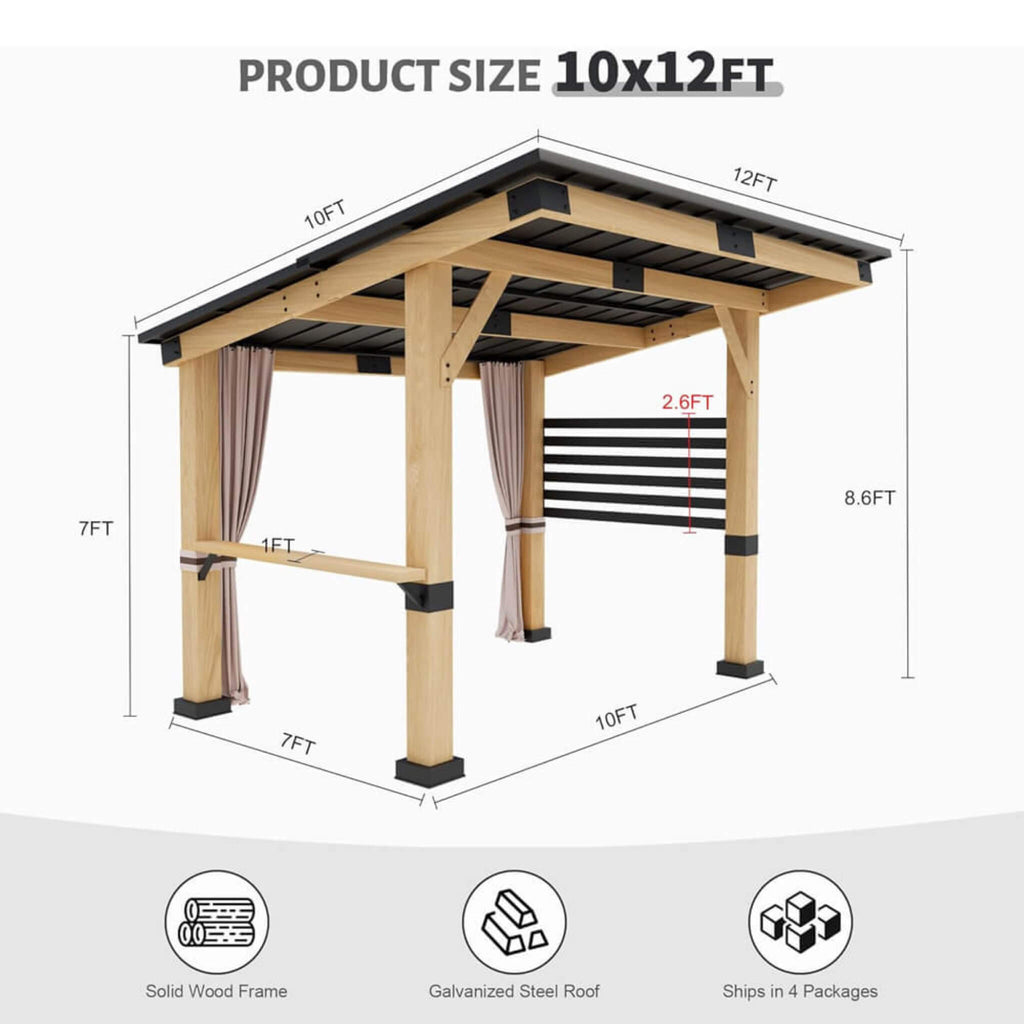 [10x12FT] Heavy Duty Premium Outdoor All-Season Wooden Cedar Hardtop Gazebo With Metal Roof & Back Curtains (SAK57184) SAKSBY - Dimensions View