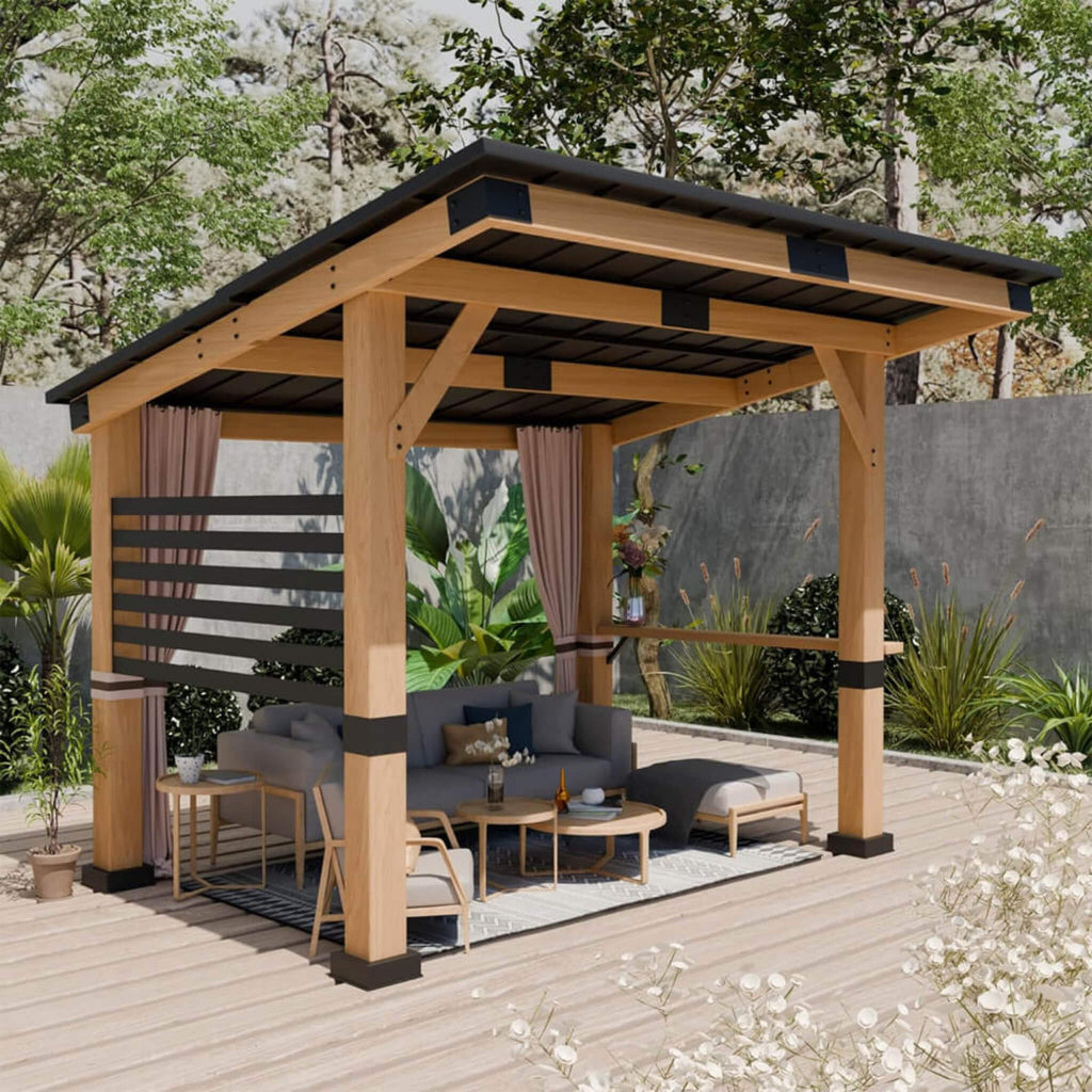 [10x12FT] Heavy Duty Premium Outdoor All-Season Wooden Cedar Hardtop Gazebo With Metal Roof & Back Curtains (SAK57184) SAKSBY - Front Left Corner Right View