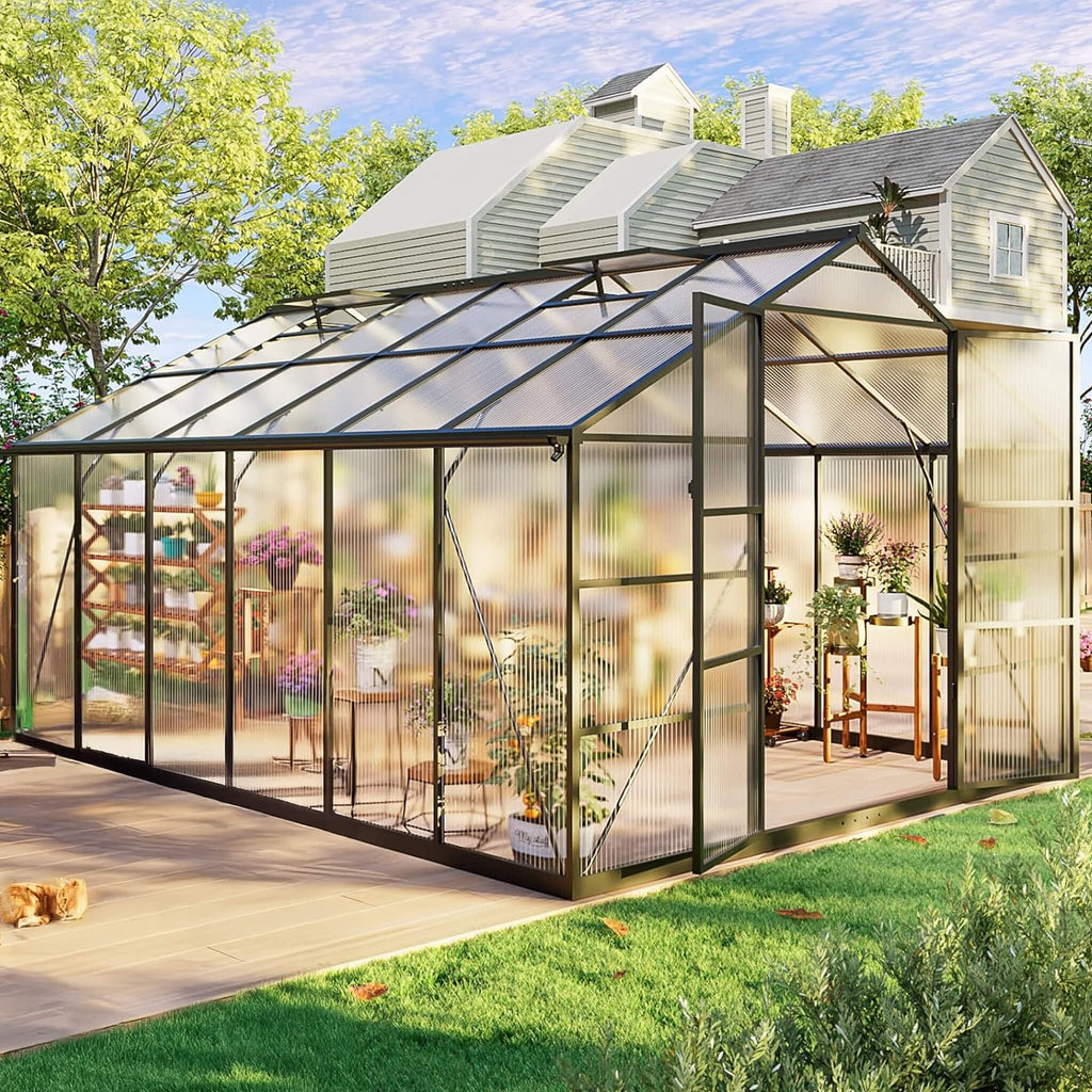 [10X12FT] Outdoor Polycarbonate Aluminum Greenhouse With UV Protection (SAK59183) - Saksby Wholesale - Lifestyle Front Right View