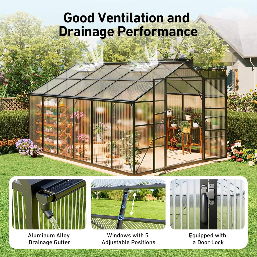 [10X12FT] Outdoor Polycarbonate Aluminum Greenhouse With UV Protection (SAK59183) - Saksby Wholesale - Ventilation And Drainage