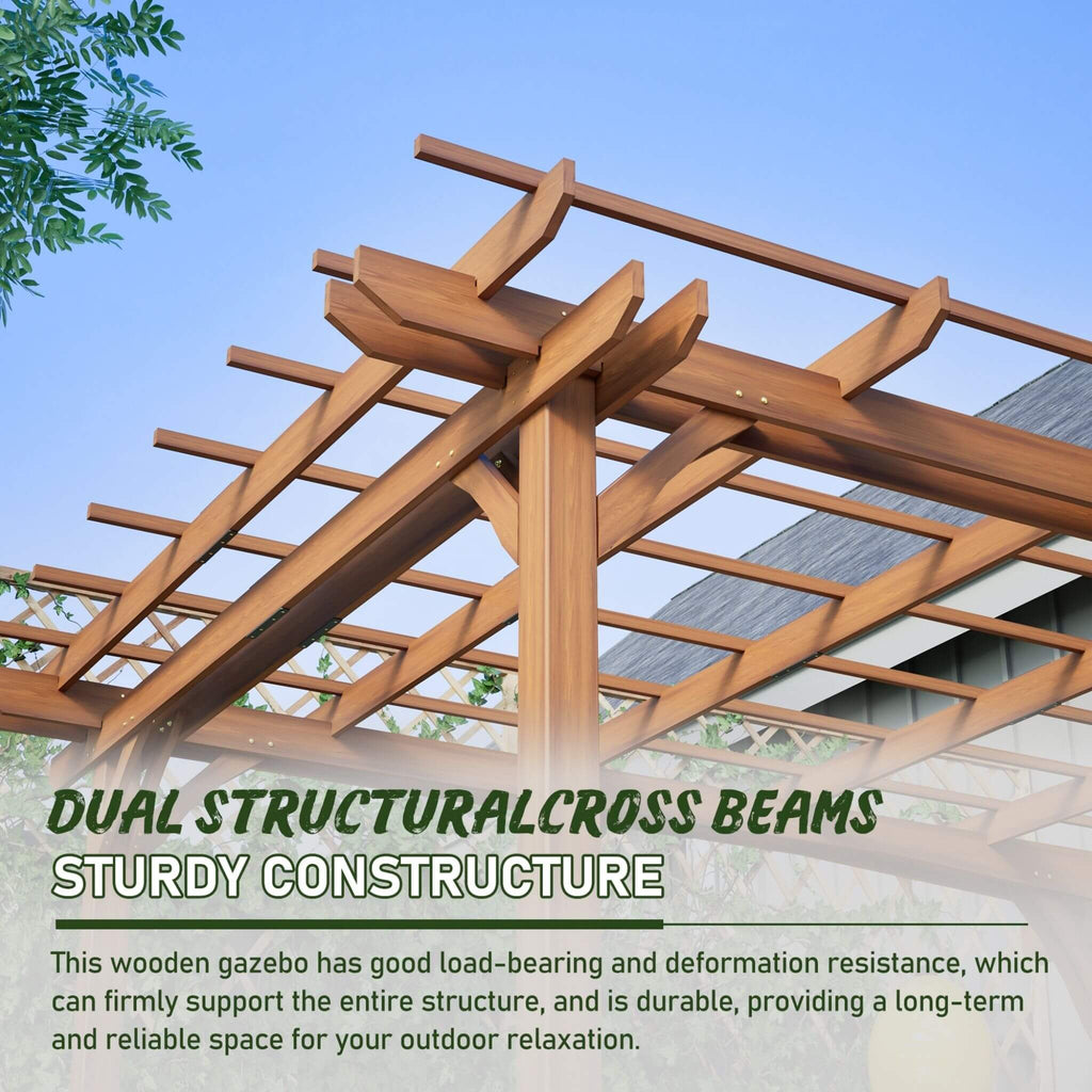 [10X12FT] Premium Extra Large Outdoor Weather-Resistant Wooden Grape Pergola (SAK16278) - Saksby Wholesale - Dual Cross Beams View