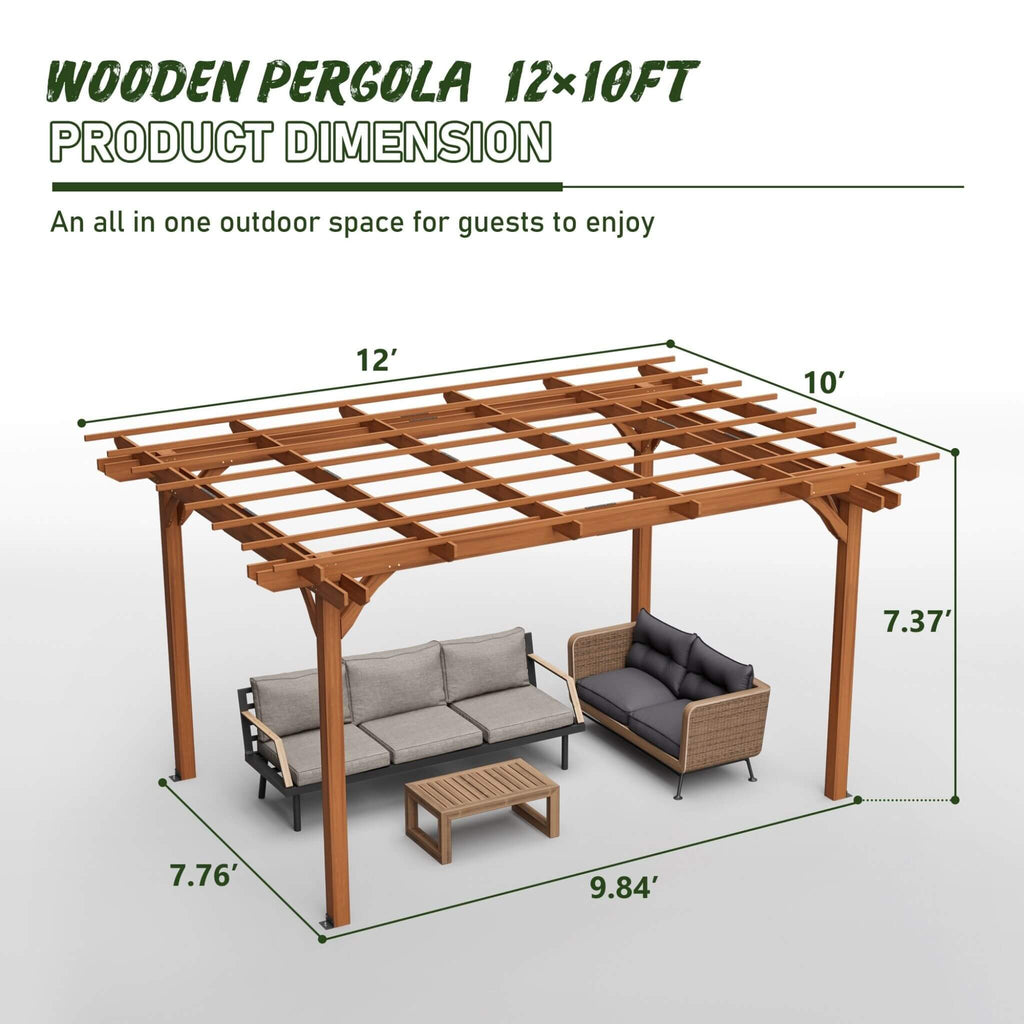 [10X12FT] Premium Extra Large Outdoor Weather-Resistant Wooden Grape Pergola (SAK16278) - Saksby Wholesale - Dimension View
