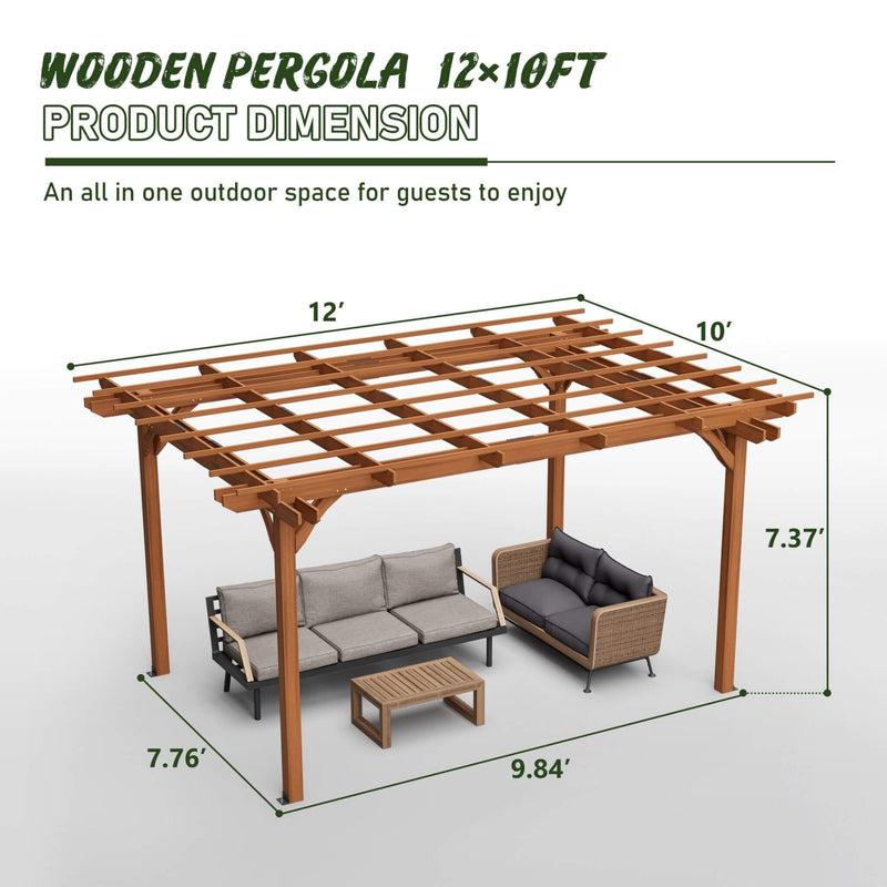 [10X12FT] Premium Extra Large Outdoor Weather-Resistant Wooden Grape Pergola (SAK16278) - Saksby Wholesale - Dimension View
