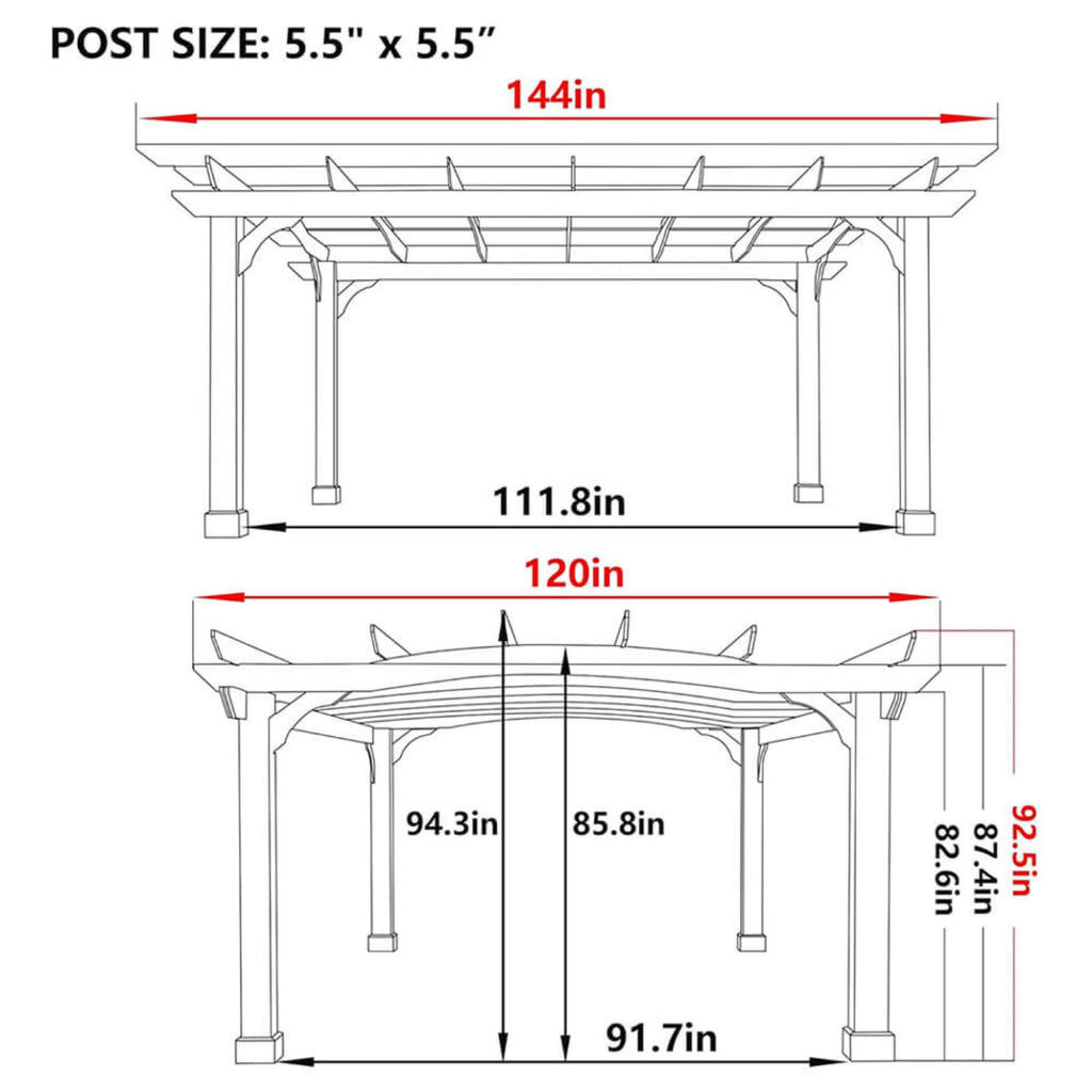 [10x12FT] Premium Outdoor All-Season Backyard Patio Cedar Wood Gazebo Pergola With Arched Roof (SAK42915) SAKSBY - Dimensions View