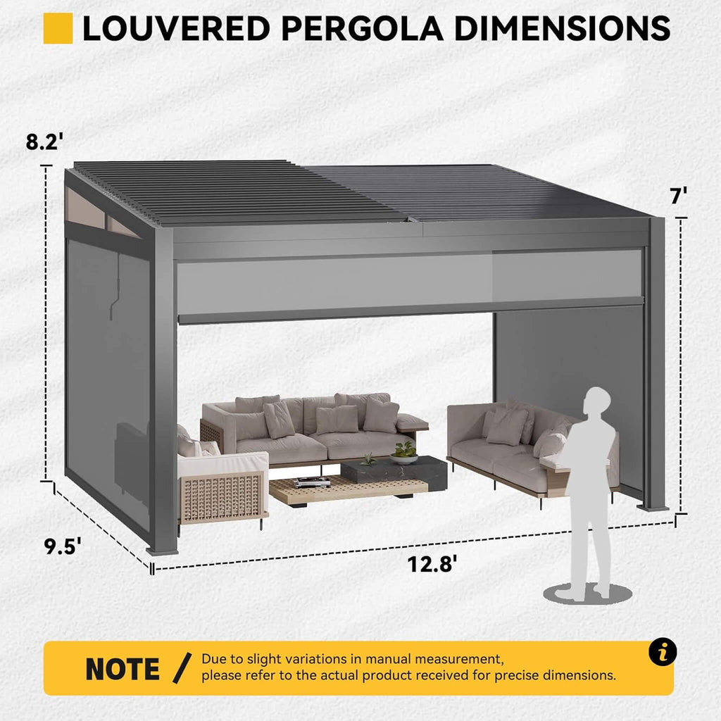 [10X13FT] Luxury Wall-Mounted Louvered Pergola With Pull-Down Screens (SAK91537) - Saksby Wholesale - Dimensions