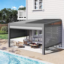 [10X13FT] Luxury Wall-Mounted Louvered Pergola With Pull-Down Screens (SAK91537) - Saksby Wholesale - Lifestyle Front Left View Mounted To Building
