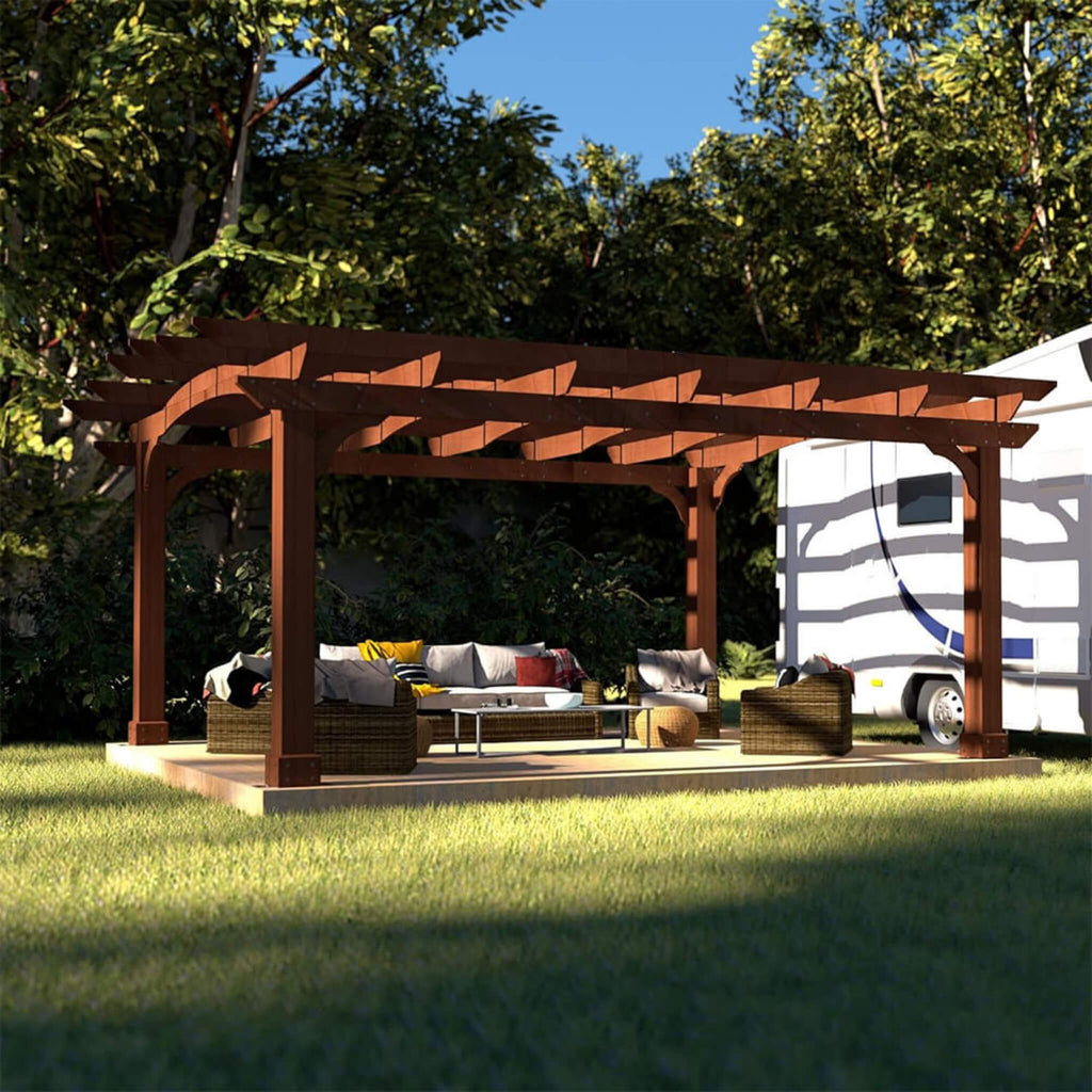 [12x14FT] Luxury Outdoor All-Season Backyard Cedar Wood Gazebo Pergola With Arched Roof And Stakes For Patios (SAK68194) SAKSBY - Front Left COrner View In Front Of House
