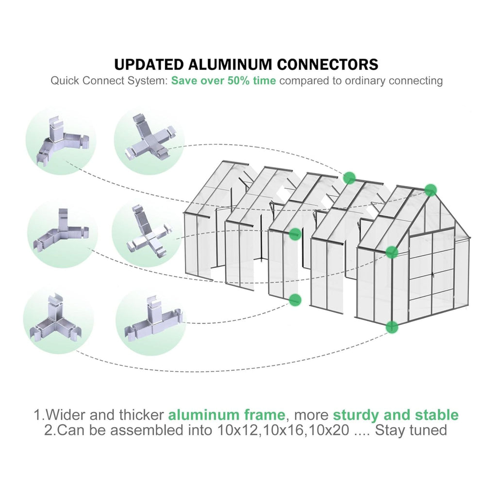 [10X20FT] Extra-Large Heavy-Duty Outdoor Backyard Greenhouse With Adjustable Roof Vents, 4MM (SAK59482)  - Saksby Wholesale - Aluminum Connector Details