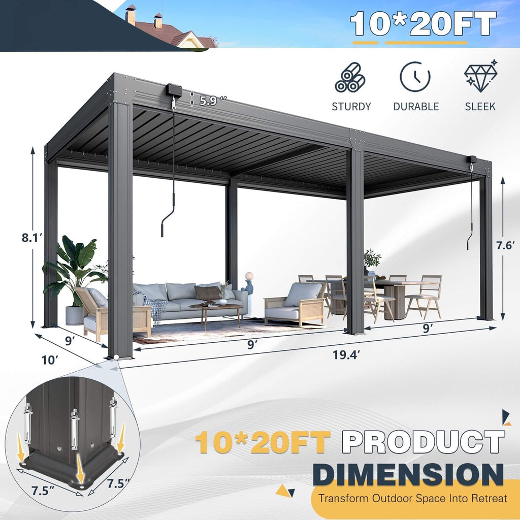 [10X20FT] Gray Louvered Aluminum Pergola With Adjustable Roof And Pull-Down Screens (SAK46817) - Saksby Wholesale - Dimensions
