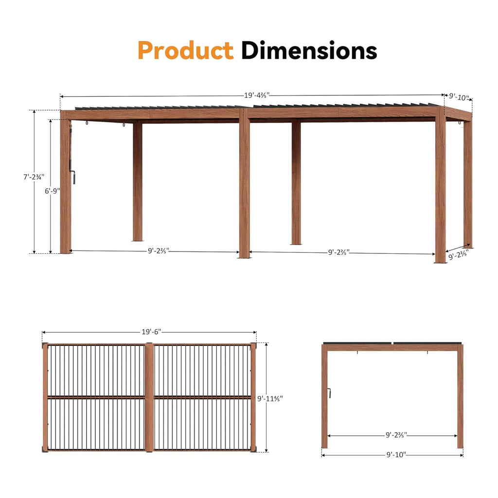 [10X20FT] Heavy-Duty Luxury Outdoor Pergola With Adjustable Louvers And Integrated Drainage (SAK42670) - Saksby Wholesale - Dimensions