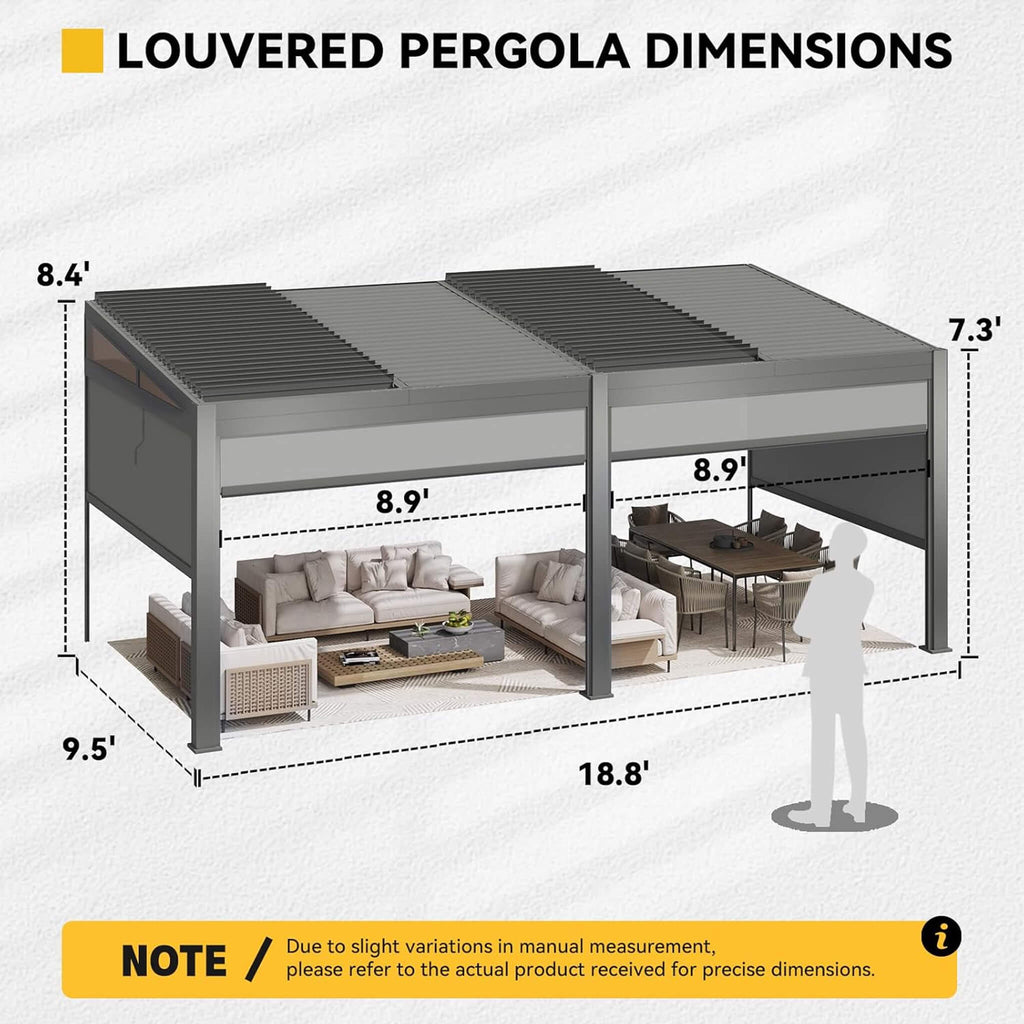 [10X20FT] Luxury Wall-Mounted Louvered Pergola With Pull-Down Screens (SAK91537) - Saksby Wholesale - Dimensions