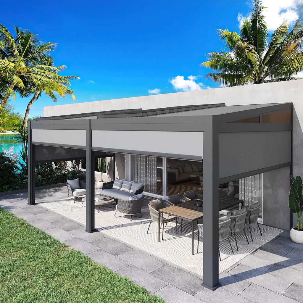 [10X20FT] Luxury Wall-Mounted Louvered Pergola With Pull-Down Screens (SAK91537) - Saksby Wholesale - Lifestyle Front Left View Mounted To Building