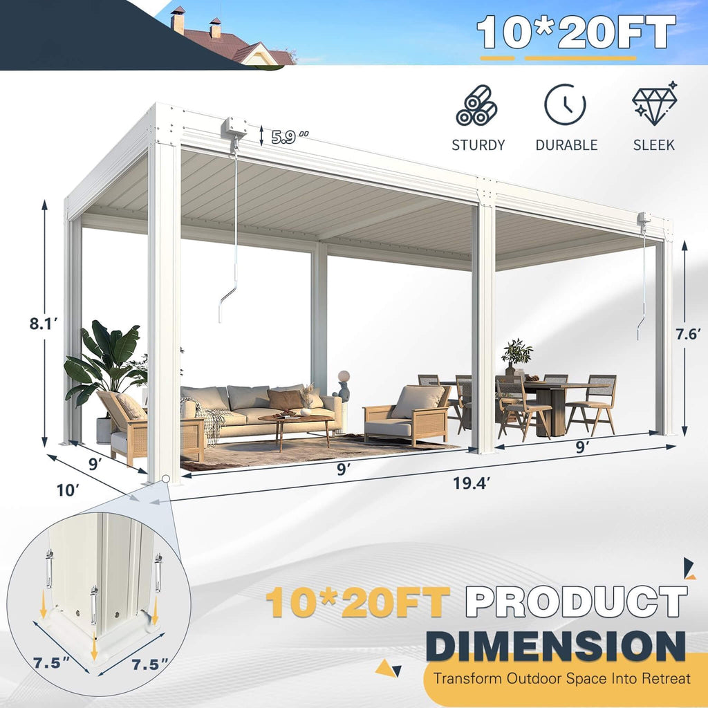 [10X20FT] White Louvered Aluminum Pergola With Adjustable Roof And Pull-Down Screens (SAK46817) - Saksby Wholesale - Dimensions