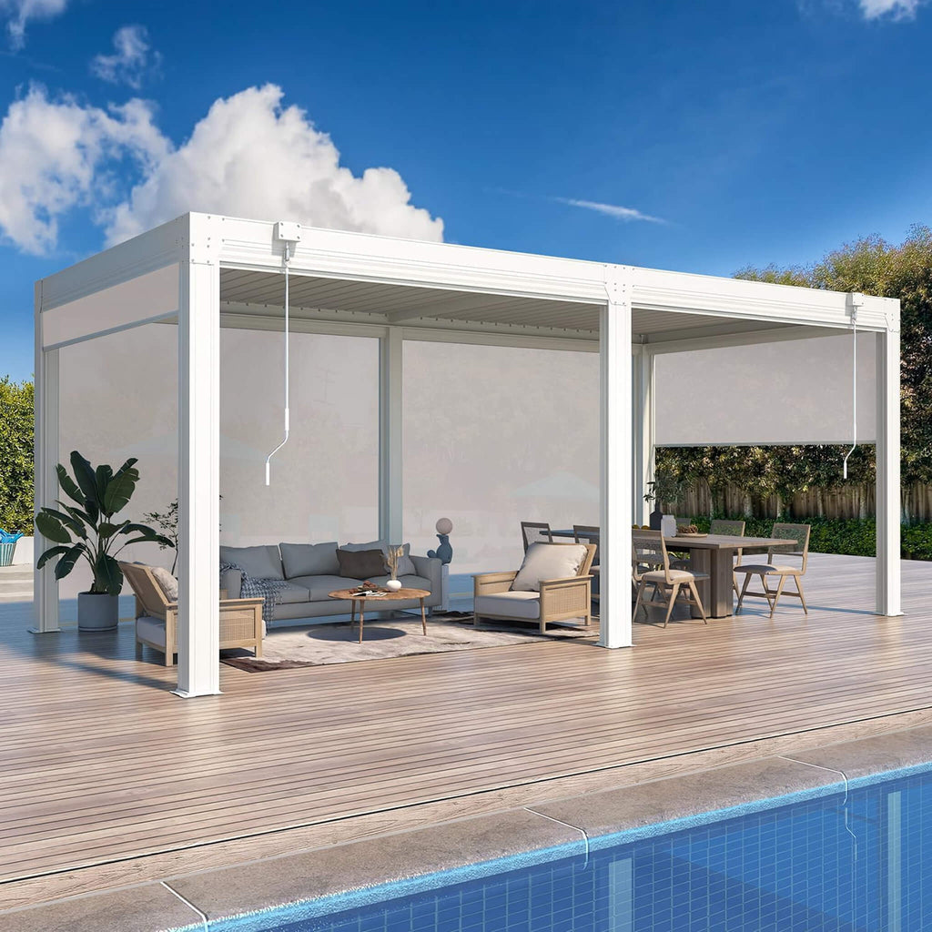 [10X20FT] White Louvered Aluminum Pergola With Adjustable Roof And Pull-Down Screens (SAK46817) - Saksby Wholesale - Lifestyle Front Right View