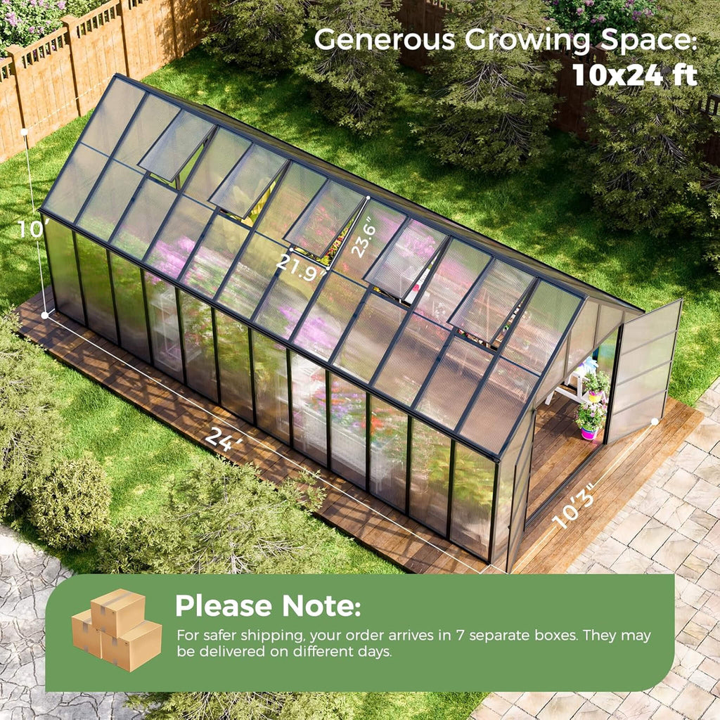 [10X24FT] Heavy-Duty Outdoor Aluminum Polycarbonate Greenhouse With Roof Vents, 4MM (SAK97032) - Saksby Wholesale - Dimensions