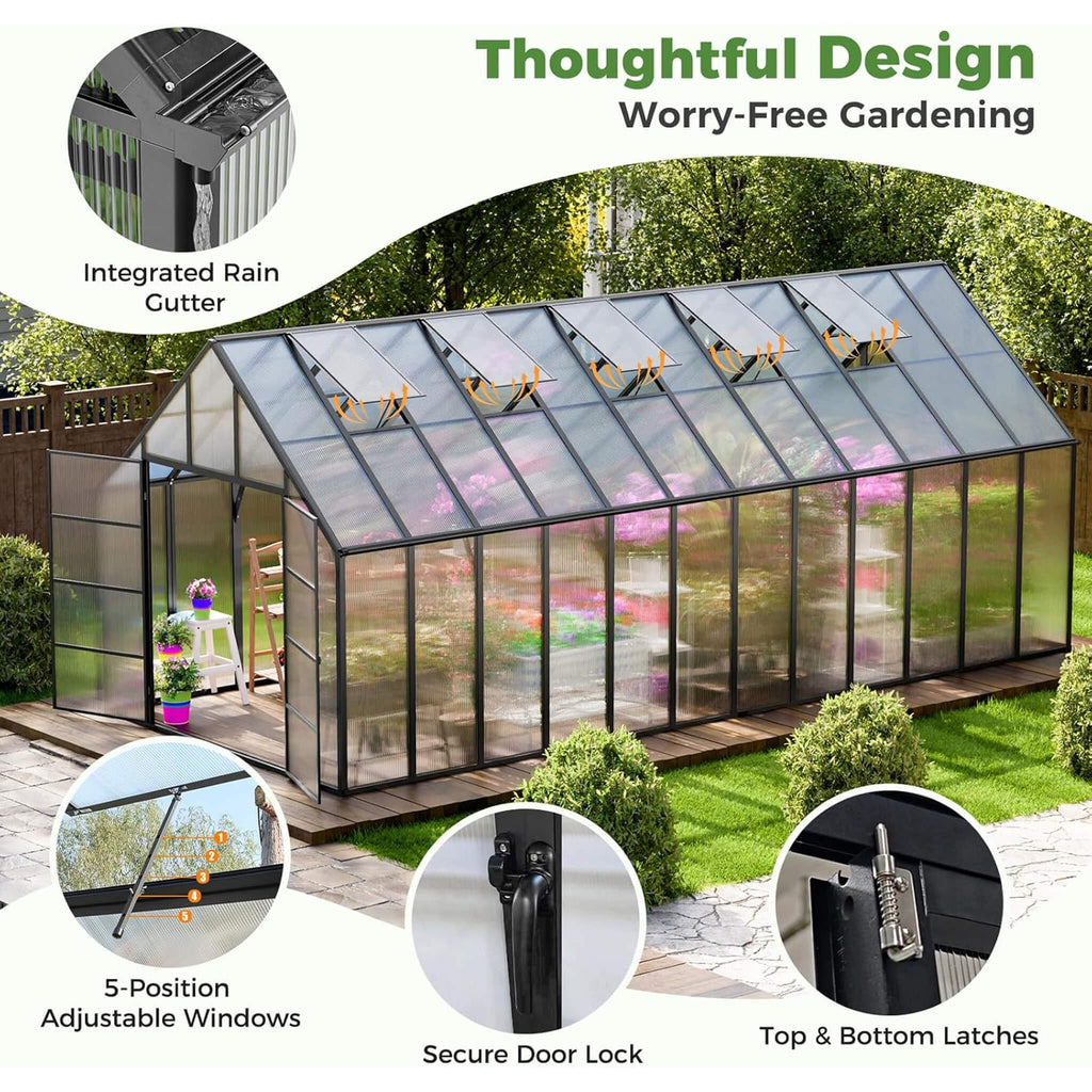 [10X24FT] Heavy-Duty Outdoor Aluminum Polycarbonate Greenhouse With Roof Vents, 4MM (SAK97032) - Saksby Wholesale - Features