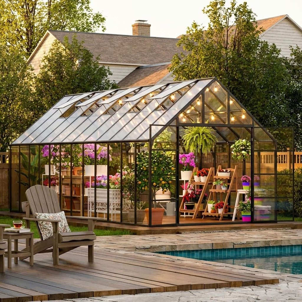 [10X24FT] Heavy-Duty Outdoor Aluminum Polycarbonate Greenhouse With Roof Vents, 4MM (SAK97032) - Saksby Wholesale - Lifestyle Front Right View
