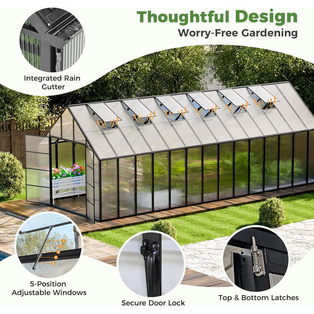 [10X28FT] Heavy-Duty Outdoor Aluminum Polycarbonate Greenhouse With Roof Vents And Swing Doors, 4MM (SAK24618) - Saksby Wholesale - Features