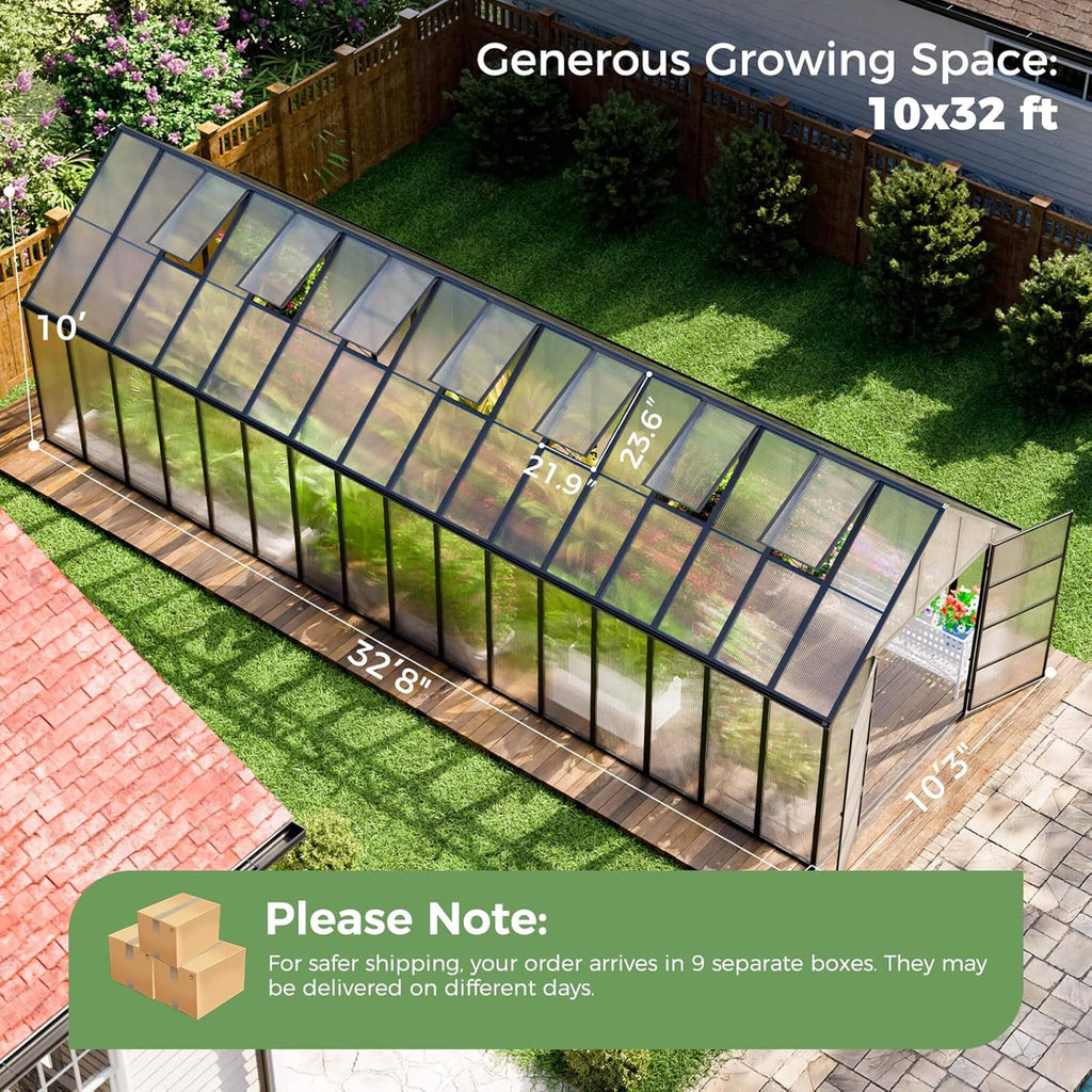 [10X32FT] Heavy-Duty Outdoor Aluminum Polycarbonate Greenhouse With Roof Vents And Swing Doors, 4MM (SAK10483) - Saksby Wholesale - Dimensions