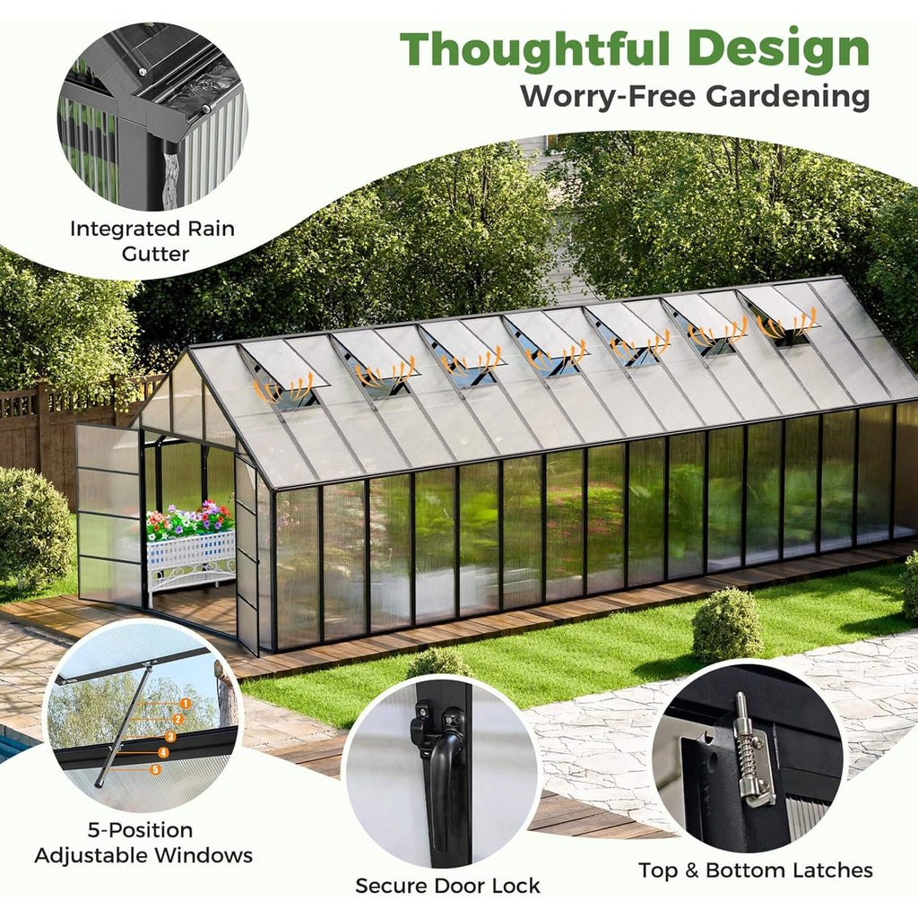 [10X32FT] Heavy-Duty Outdoor Aluminum Polycarbonate Greenhouse With Roof Vents And Swing Doors, 4MM (SAK10483) - Saksby Wholesale - Features