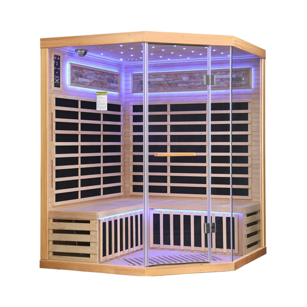 Thermora Premium Canadian Hemlock Pentagonal Indoor Infrared Sauna Room With Glass Front (SAK98673) - Saksby Wholesale -Side View Blue Light
