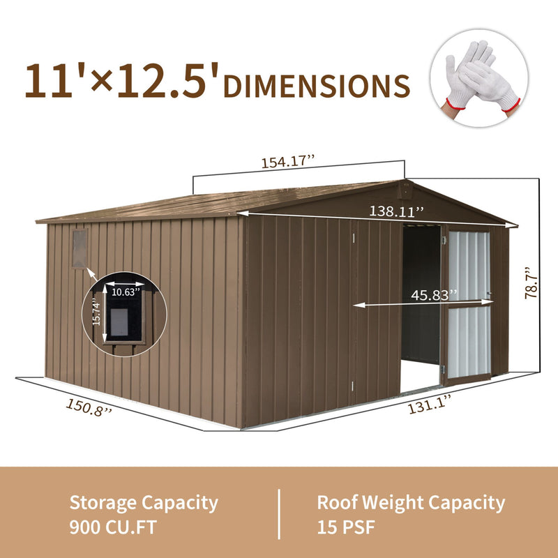 [11X12FT] Outdoor Backyard Storage Metal Shed With Galvanized Steel Frame, Windows, And Lockable Doors (SAK60167) - Saksby Wholesale - Dimensions
