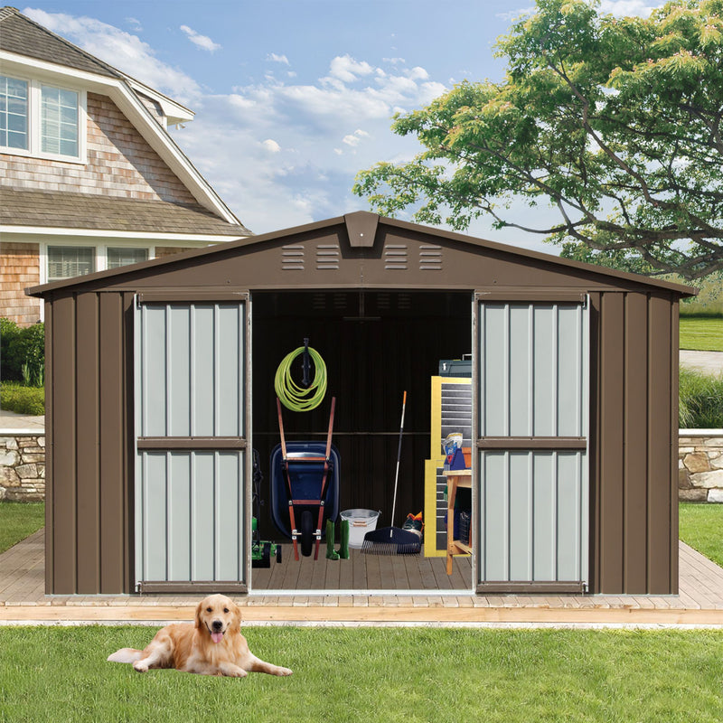 [11X12FT] Outdoor Backyard Storage Metal Shed With Galvanized Steel Frame, Windows, And Lockable Doors (SAK60167) - Saksby Wholesale - Outdoor Setup