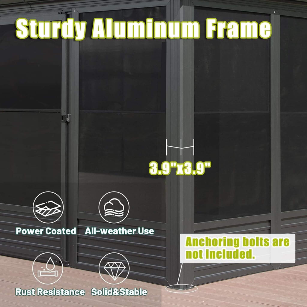 [11X14FT] Premium Four Season Outdoor Aluminum Hardtop Gazebo Sunroom With Galvanized Steel Roof, Sliding Doors And Movable PVC Screen Walls (SAK88776) - Saksby Wholesale - Aluminum Frame