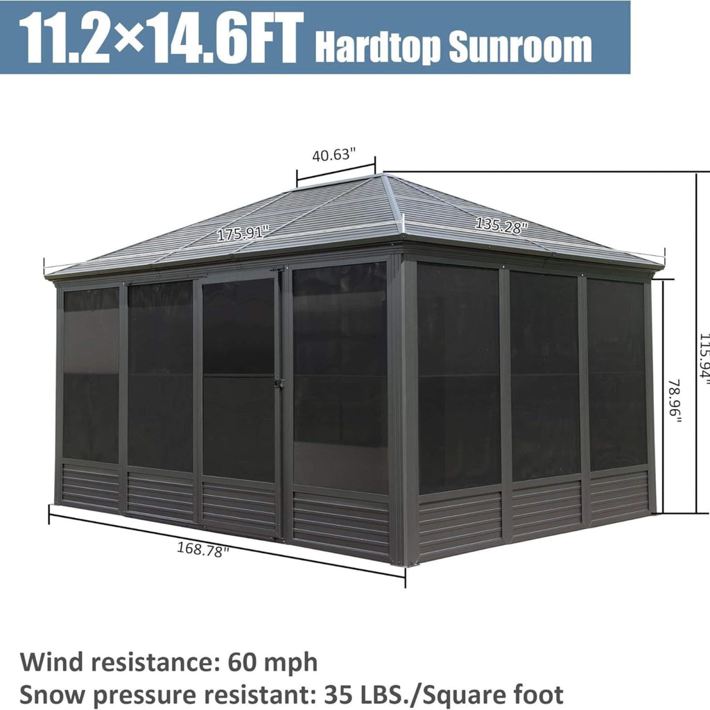 [11X14FT] Premium Four Season Outdoor Aluminum Hardtop Gazebo Sunroom With Galvanized Steel Roof, Sliding Doors And Movable PVC Screen Walls (SAK88776) - Saksby Wholesale - Dimensions